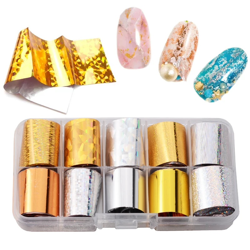 (2.5x60cm) 10 rolls Box Nail Transfer Foil Silver, Gold, Holographic Nail Sticker Decals Transfer for Nail Art Decoration