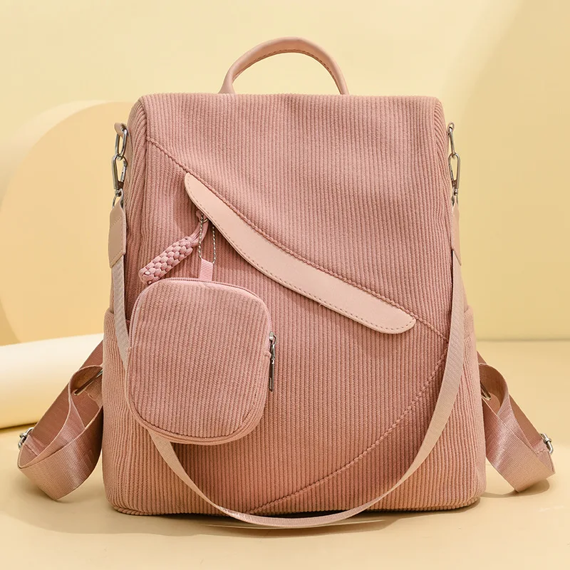 

Thickened corduroy women's backpack, large-capacity travel backpack, anti-theft coin purse, pendant
