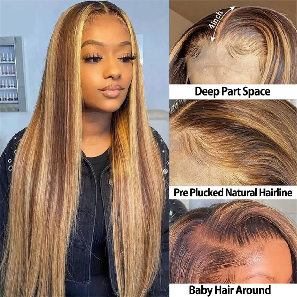 4/27 Highlight Ombre Blonde Long Straight 13x4 Lace Front Glueless Wig Side Part Wigs 180% Density Human Hair For Women