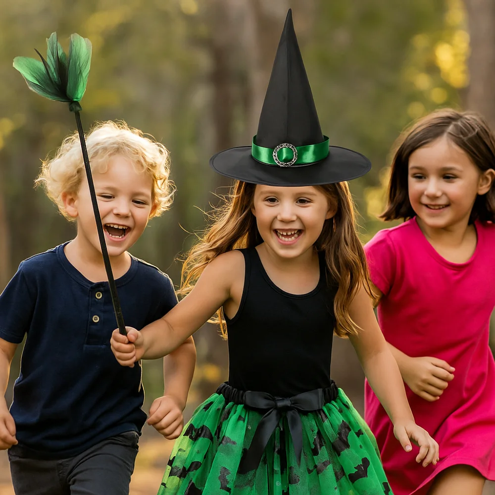 

3Pcs/set Wizard Childern Halloween Costumes Pointy Hat Bright Color Kids Witch Dress Set Costume Cosplay Props Broom