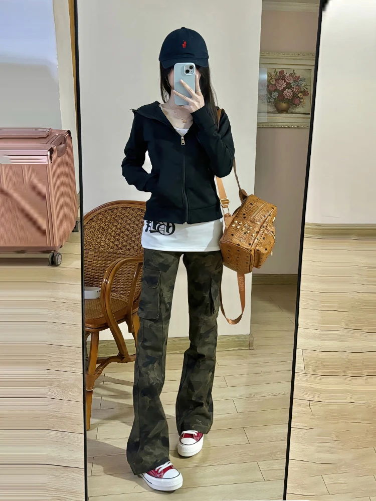 

Retro Camouflage Work Pants Straight Leg Men's Women's Multiple kets Trendy Brand High Street Vibe Wind Straight Leg Jeans