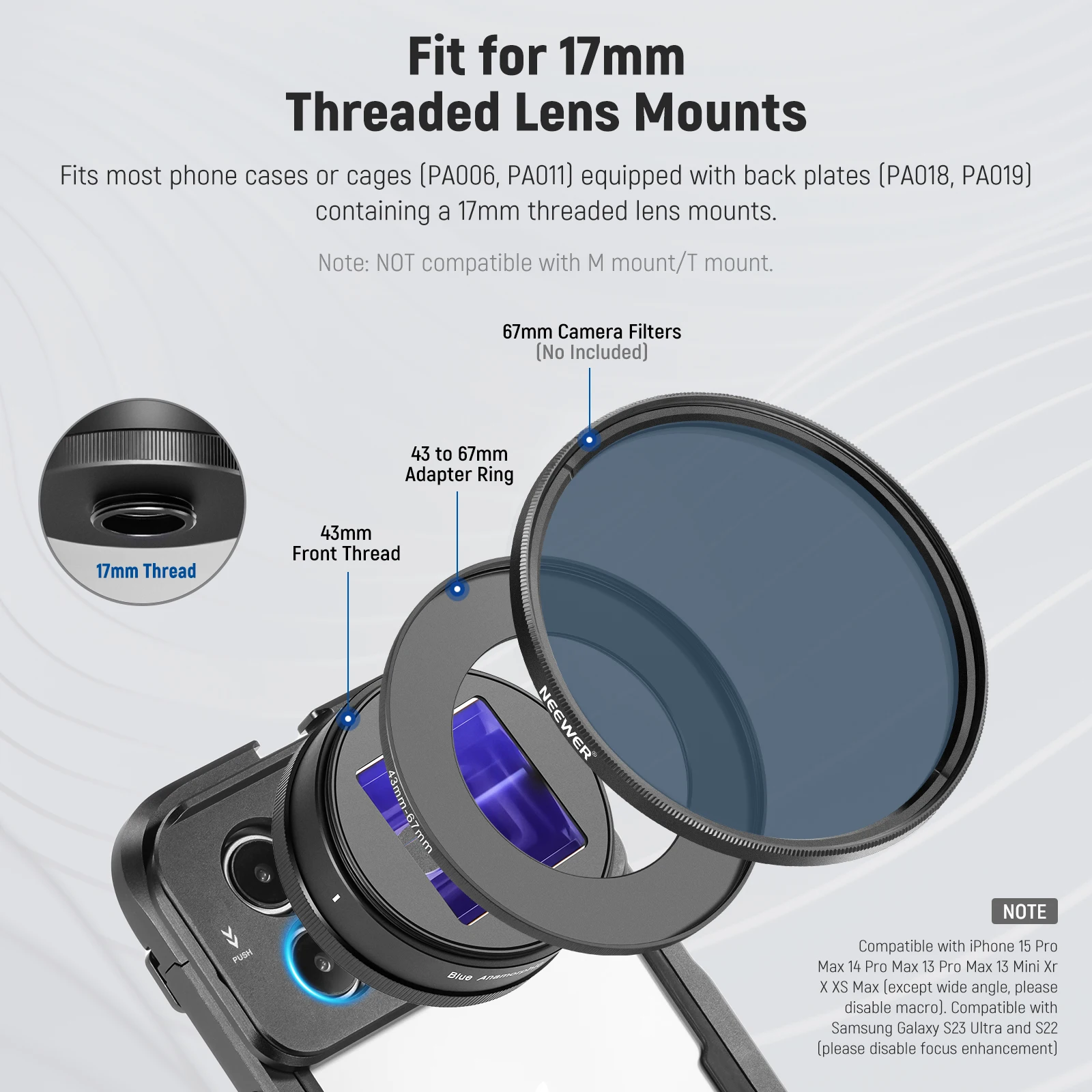 Neewer 1.55X Anamorphic Phone Lens Only for 17mm Thread Backplate For iPhone Samsung Phone Cage with 67mm Filter Adapter Ring