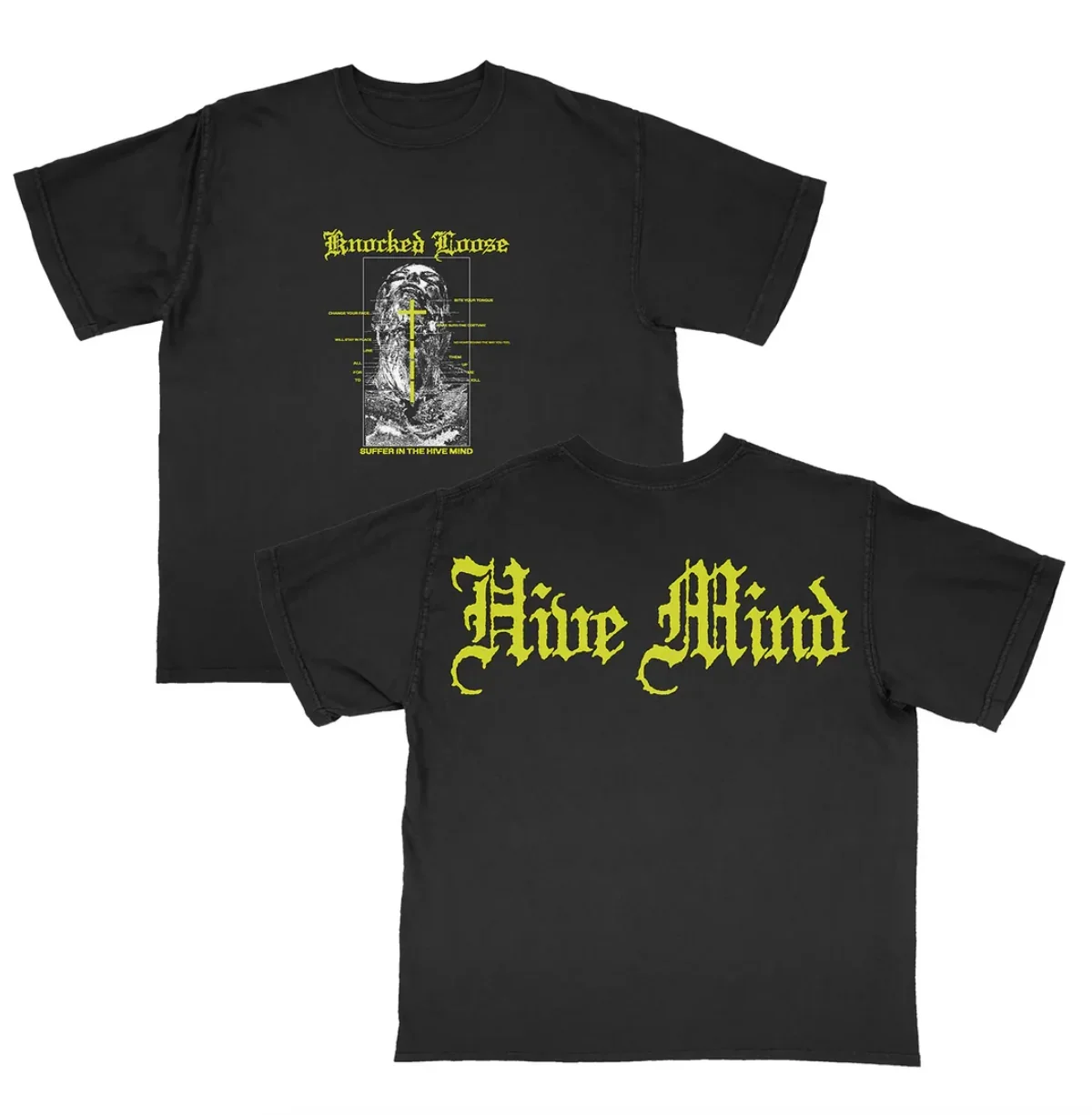 Knocked Loose Unisex T‑Shirt,front Anatomy Figure Illustration Back Hive Mind Lettering Double Print,grim Hardcore Tee