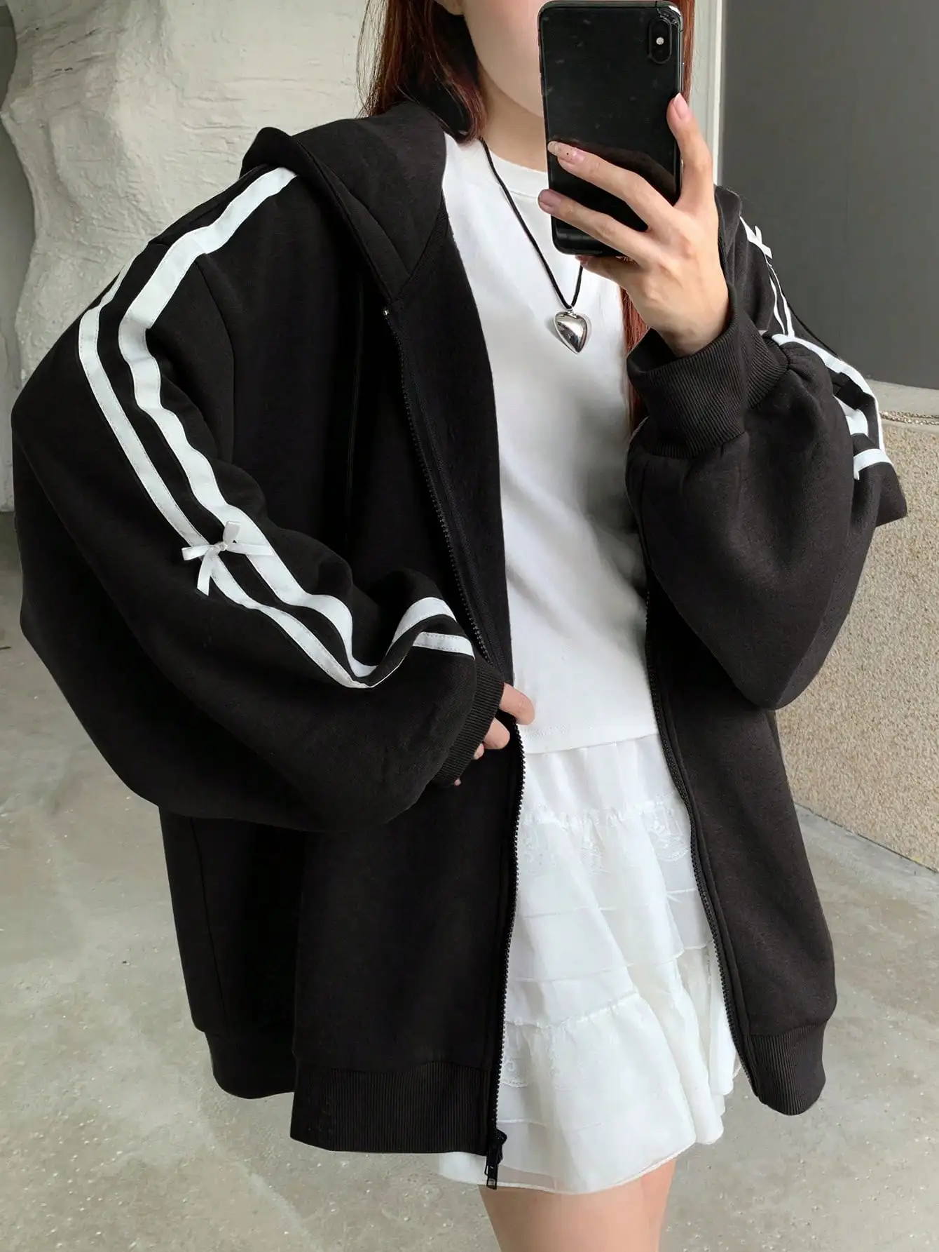 

Women's Black Zip-Up Hoodie with White Stripe & Ribbon Bow, Loose Fit Casual Jacket for Fall
