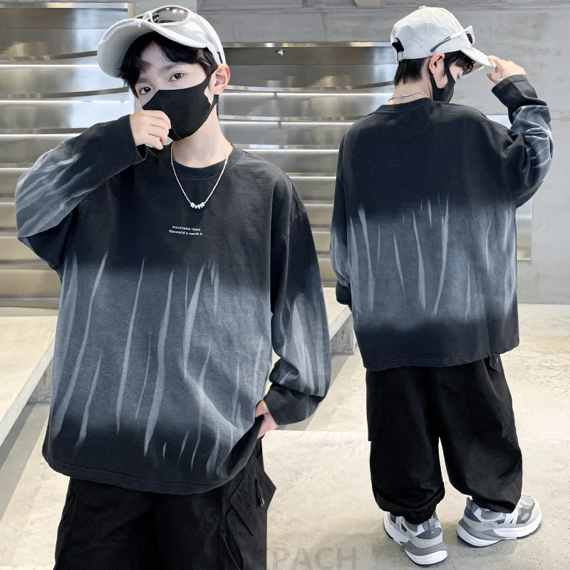 

Spring Autumn Kids Clothing Gradient Color Cotton T-shirt for Teens Boy Casual Long Sleeve Tshirt Outfit Korean Children Tee Top