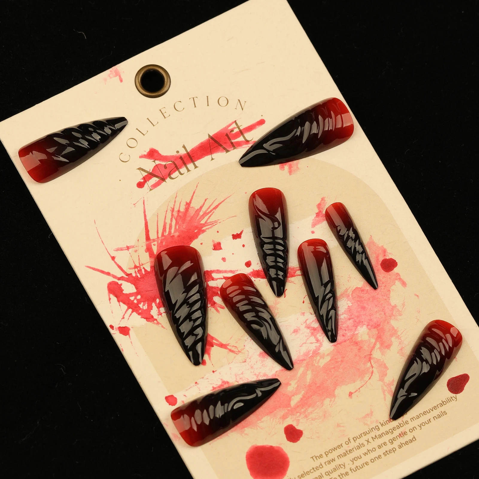 Black Red Smudging Long False Nails Durable & Never Splitting Comfort Fake Nails for Stage Performance Wear