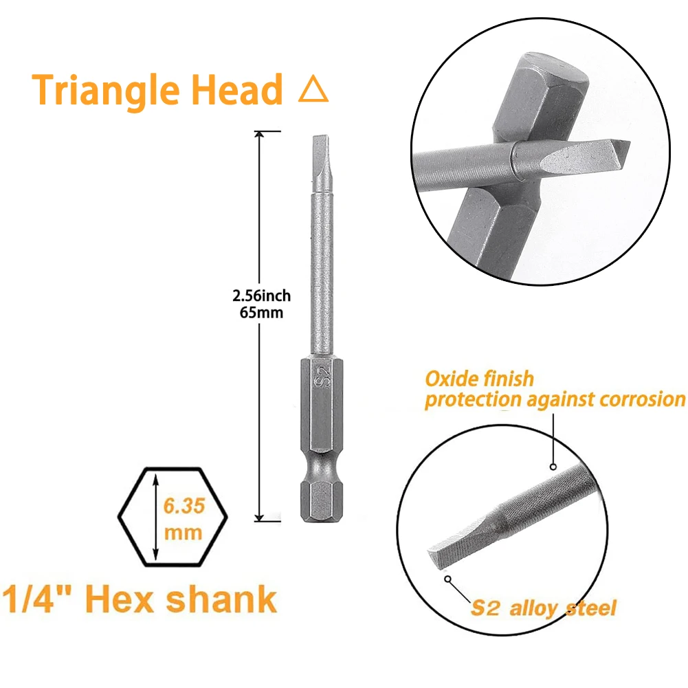 Broca de destornillador triangular magnético, vástago hexagonal de 1/4 pulgadas, 65mm, 1,8, 2,0, 2,3, 2,5, 2,7, 3,0mm, 6 unidades