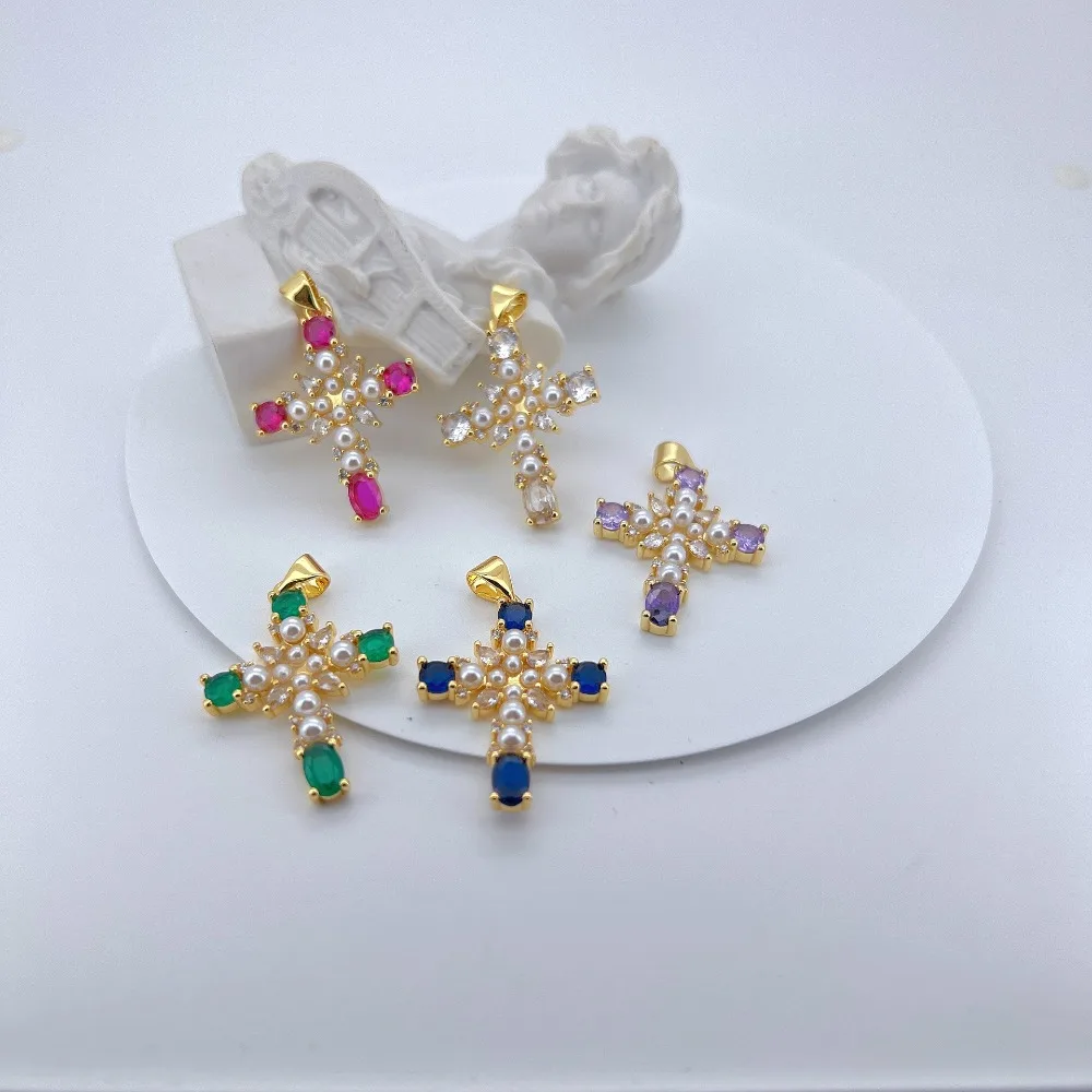 1 Pcs Pendant Only for Diy Necklace Accessories Pearl Cross Copper Gold Plating Luxury Charm Inlay Large Zircon Parts Wholesale