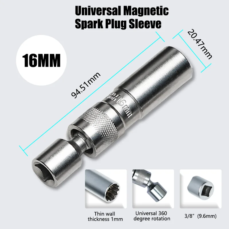 14mm/16mm Magnetic Spark Plug Socket Wrench 12 Angle Repair and Removal Tool Thin Wall 3/8 Inch Auto Repair Tool