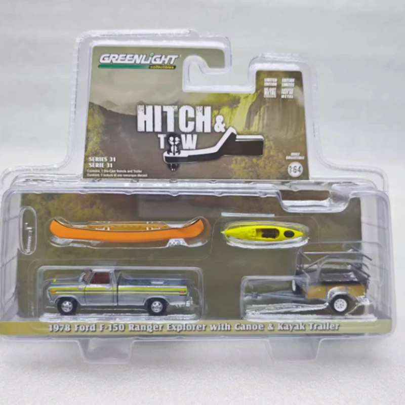 Greenlight Diecast 1:64 Scale 1978 Ford F-150 Ranger Explorer with Canoe & Kayak Trailer Alloy Car Model Collection Display Toy