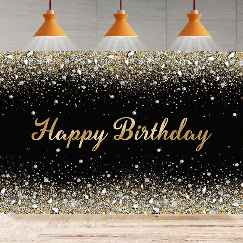 

Black And Gold Photography Backdrop Shinning Gold Glitter Diamond Background Happy Birthday Party Backdrop Wall Banner Decor