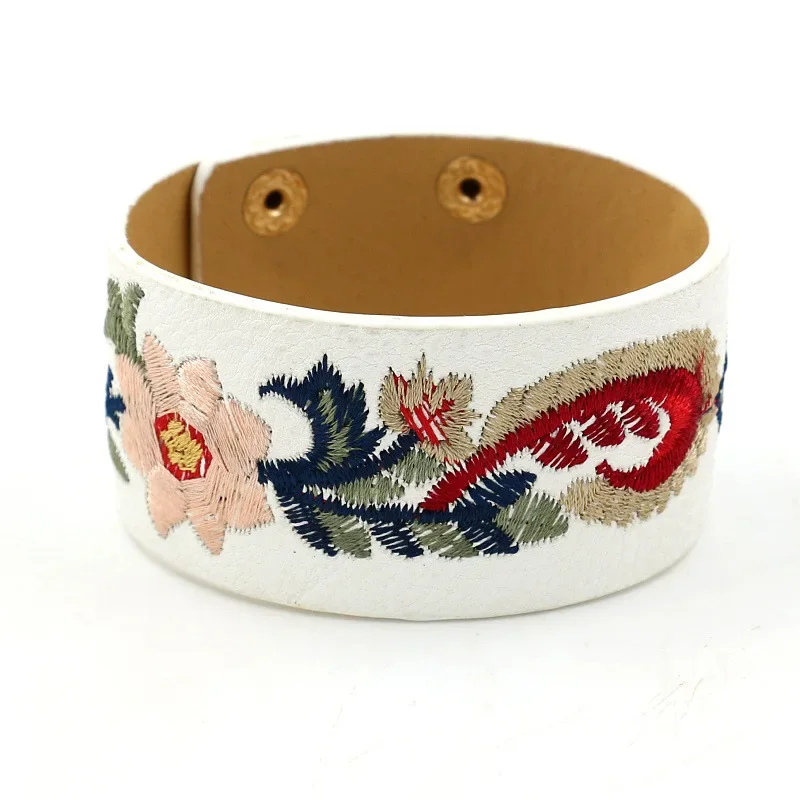 Kirykle Fashion Embroidery Flower Bracelet for Women Personality Wide Leather Bangles Punk Style Charm Bohemian Cuff Jewelry