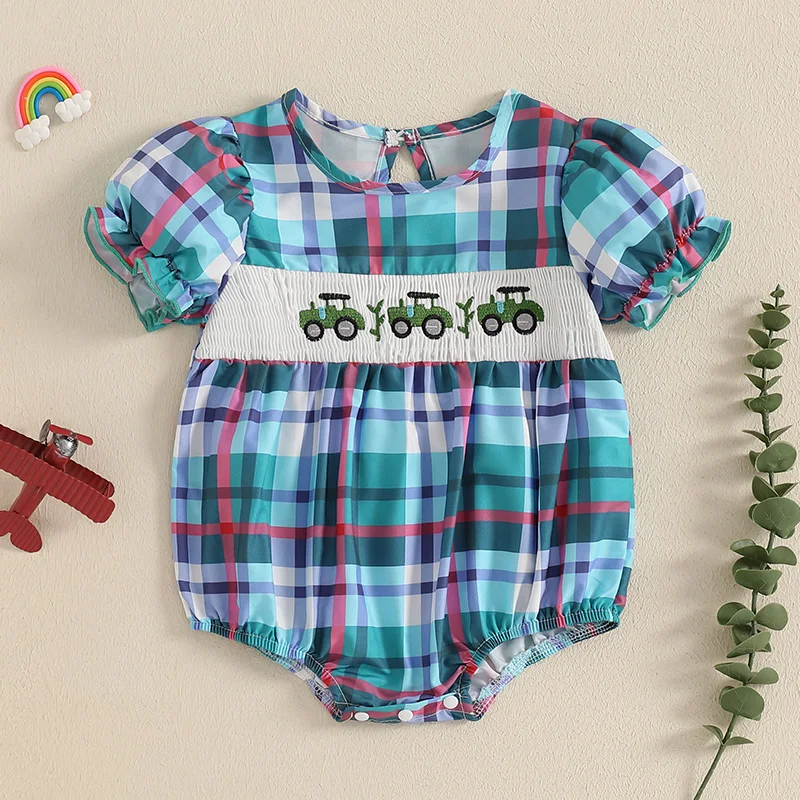 Newborn Baby Boys Girls Romper Crew Neck Short Sleeve Tractor Embroidery Plaid Bodysuit Infant Playsuit 0-18 Months