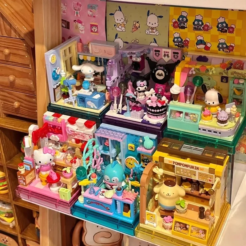 

AREAX Genuine Sanrio Building Blocks Hellokitty Kuromi Bakery Dessert House Ocean Restaurant Shop Model Brick Desktop Display