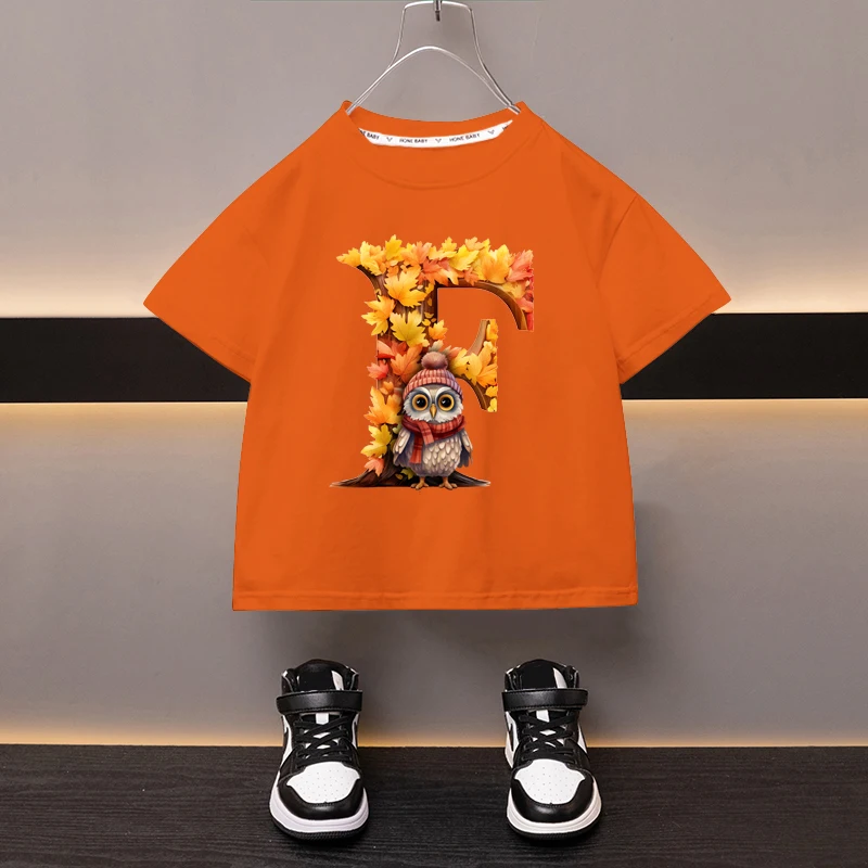 Maple Leaves Letter F Children T-shirt Kawaii Clothes for Girls T Shirt Anime Cartoons Casual Kid Boy Short Sleeve Tops New 2024