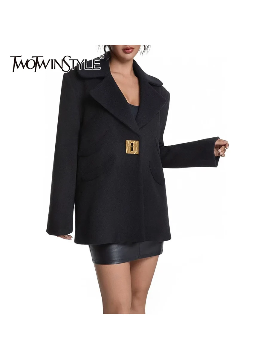

TWOTWINSTYLE Slimming Spliced Sequined Fashion Wool Coats for Women Lapel Long Sleeves Patchwork Patch Designs Coat Female New