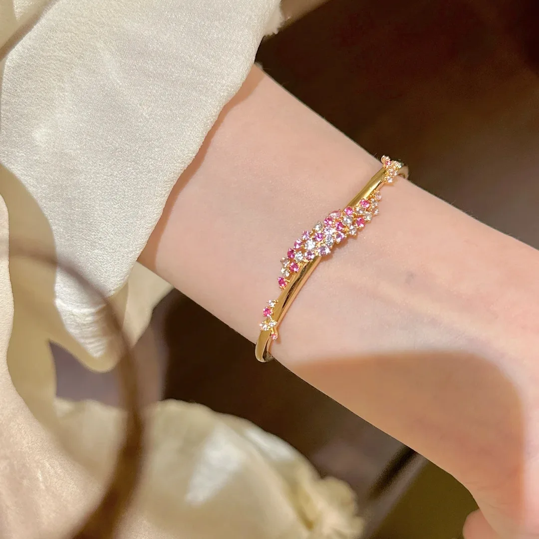 925 Sterling Silver Bracelet Peach Pink Diamond Flower Winding Exquisite Sweet Female