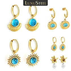 LUXUSTEEL Shell Textured Metal Golden Blue Stone Stud Earrings Vintage Jewelry Waterproof Holidays Earrings Party