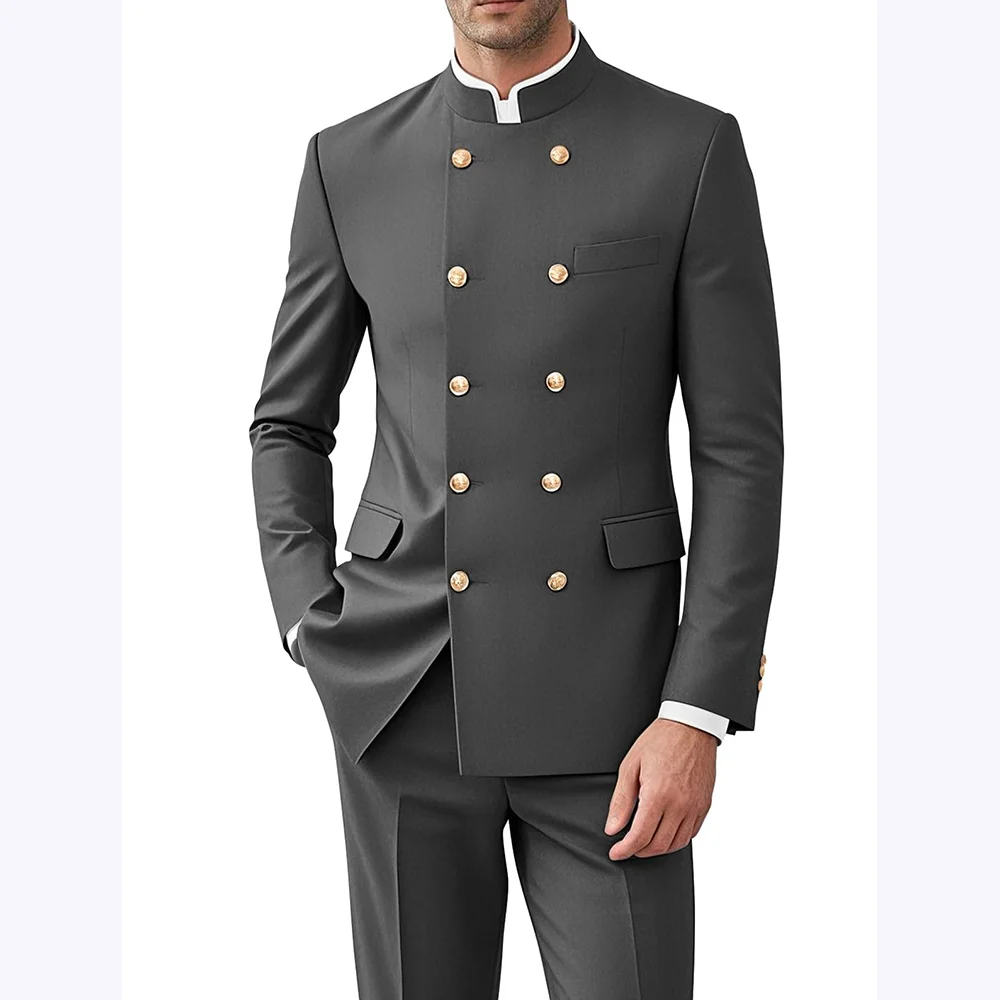 

Solid Color Men Suits Formal 2 Pieces Double Breasted Stand Collar Balzer Pants Formal Party Business Wedding Set Customized
