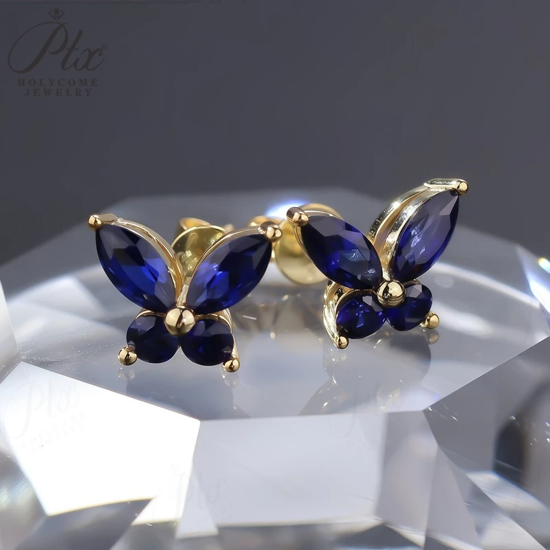 

Lab Grown Blue Sapphire Gem Butterfly Stud Screw Back Earrings 925 Sterling Silver 10K 14K 18K Gold Plated Women Fine Jewelry