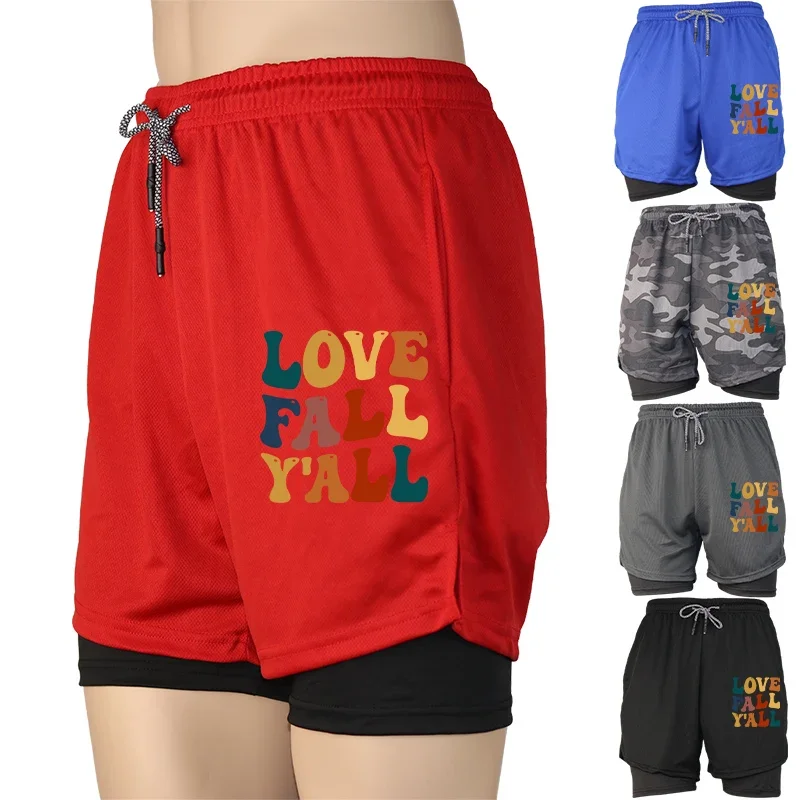 

Мужские летние шорты для бега в тренажерном зале 2 в 1, с принтом и карманом для телефона, быстросохнущие, дышащие