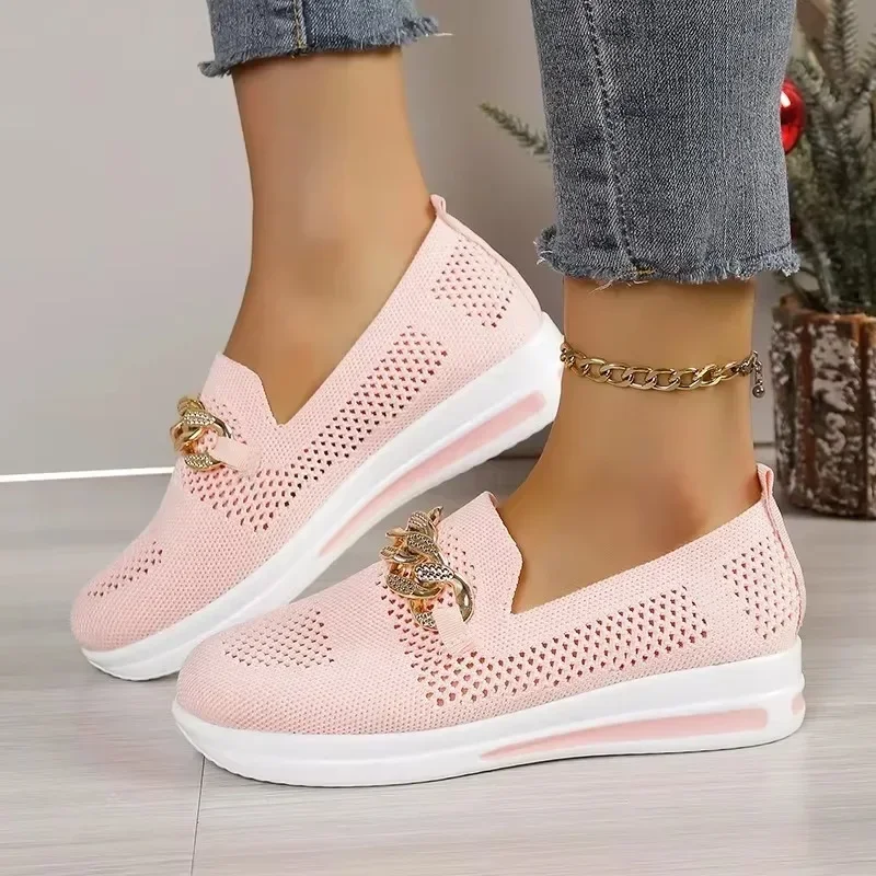 Vulkanisierte Damenschuhe 2025, Mesh, Übergröße, Damen-Plattform-Turnschuhe, runde Zehenschuhe, weiblich, Metall, niedriger Absatz, Damen-Freizeitschuhe