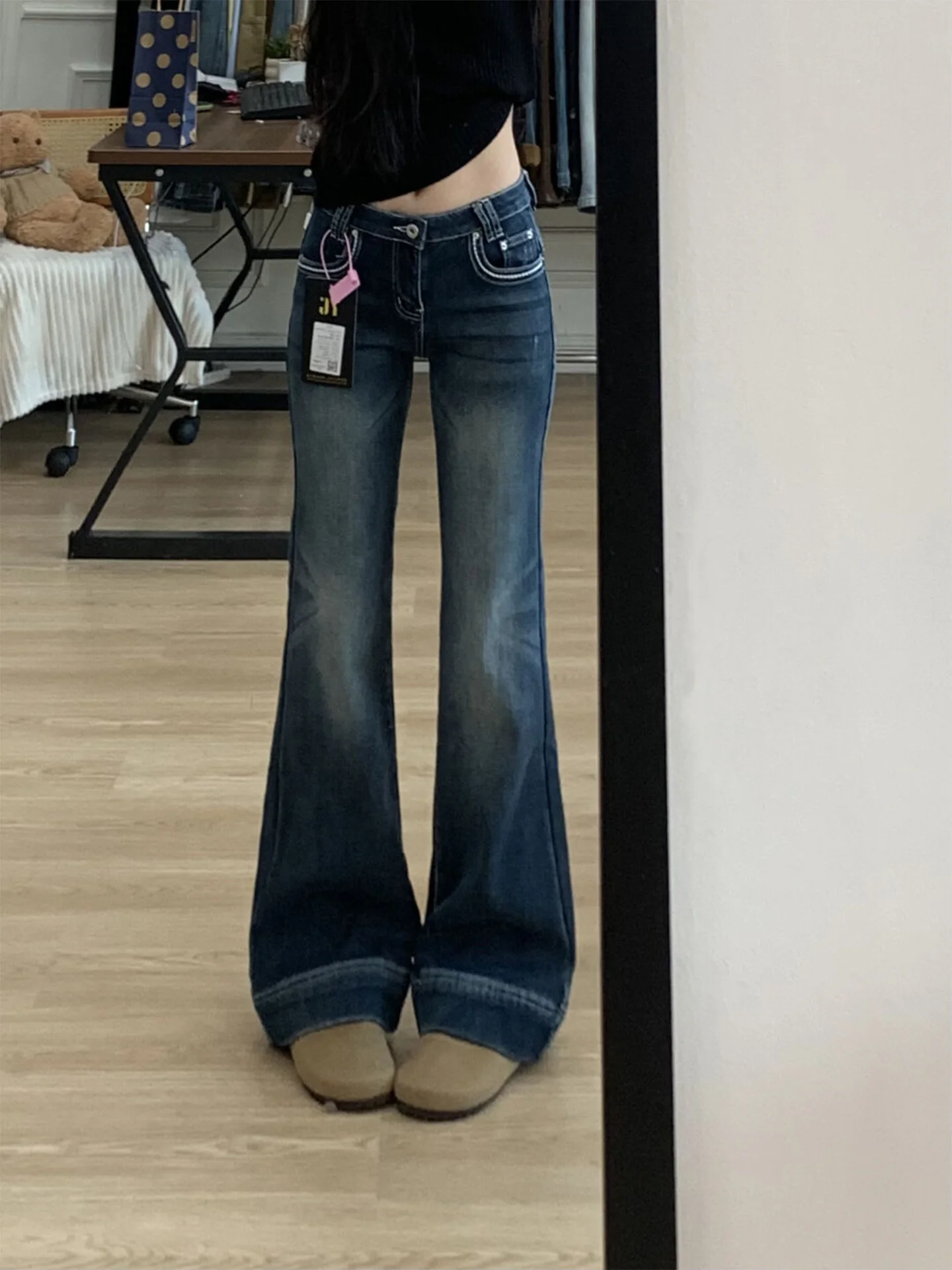 

Джинсы-колокольчики с низкой талией, темно-синие джинсовые женские осенне-зимние новые длинные брюки в стиле ретро с грушей в стиле аpe