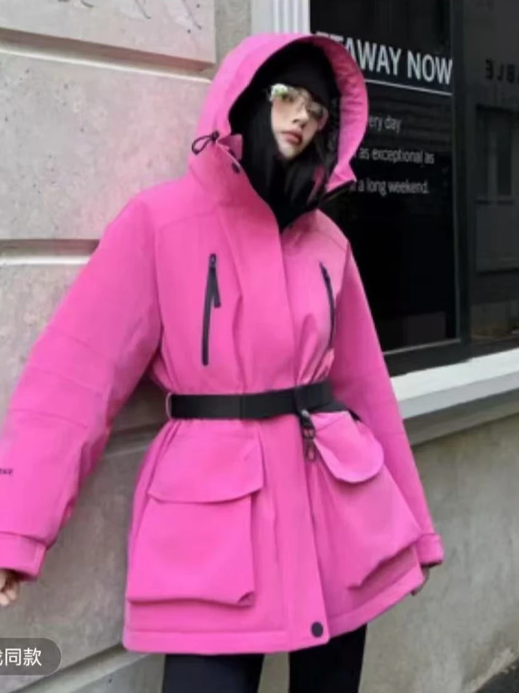 벨트가있는 패션 후드 패딩 자켓 여성 풀 슬리브 다운 코트 2025 가을 겨울 레이디 Thickend 따뜻한 스키 자켓