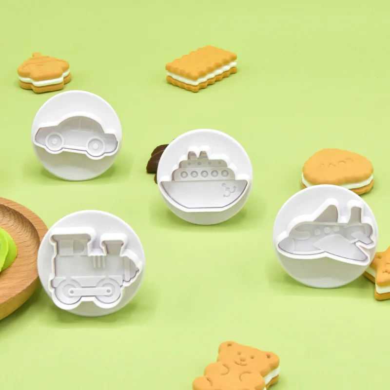 New 3D 4pcs Car Vehicle Bus Cookie Stamp Press Type Frosting Biscuit Cutter Cake Mold Baking Tool Mould Fondant Muffin Chocolate