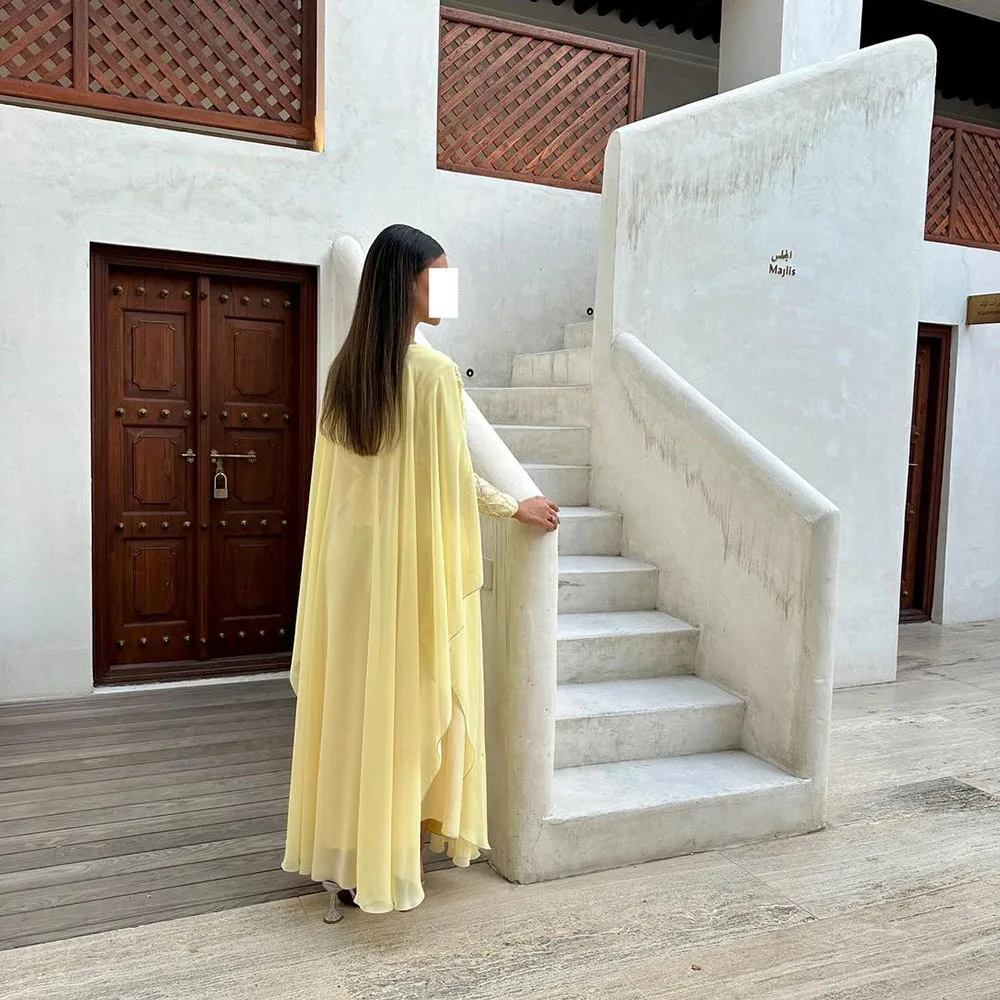 Msikoods Elegant Yellow Chiffon Prom Dress Embroidery Scoop Neck Special Occasion Dress Arabic Evening Dress robes de soirée