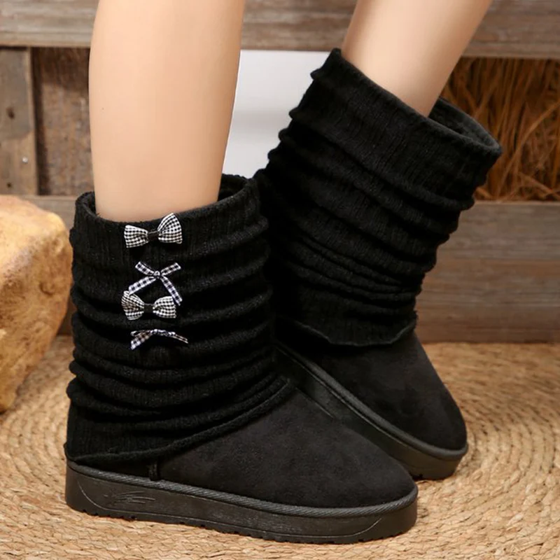 

Японские зимние сапоги с бантом для женщин Kawayii, вязаные зимние ботинки с круглым носком, женские 2022, толстая плюшевая теплая хлопковая обувь, женская обувь