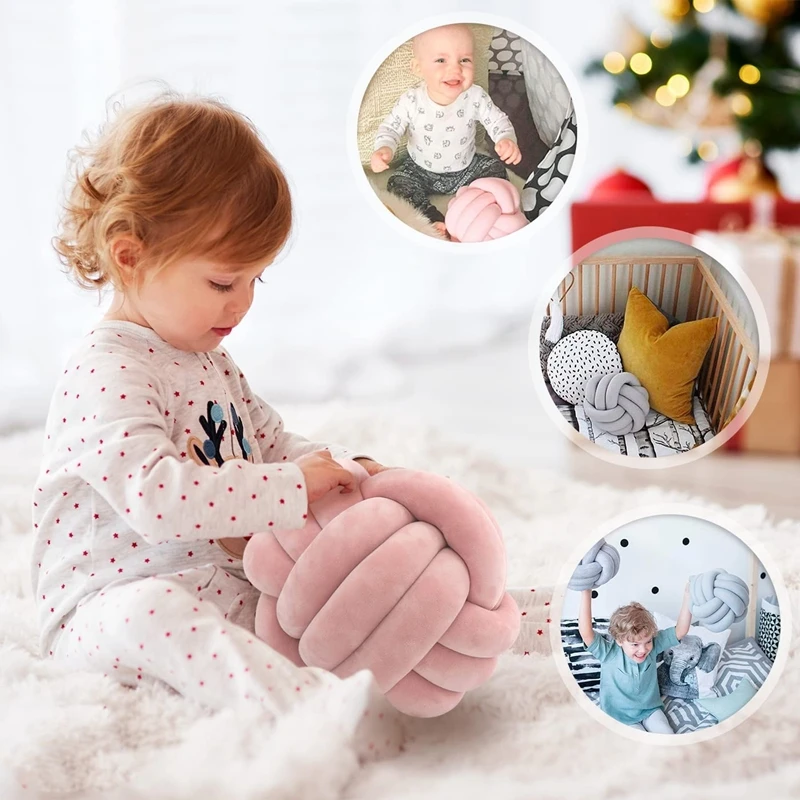 Handgefertigte blaue Kissenkugel mit Knoten für Zuhause, Stuhl, Sofa, Couch, Bett, ästhetisches rundes Samt-Geschenk, geknotetes Kissen, rosa – Detail 5