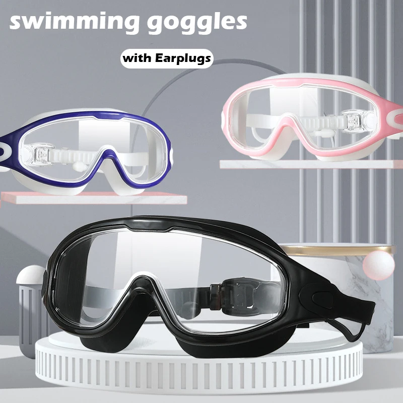 Gafas de natación HD de silicona para hombres y mujeres, montura grande, tapones para los oídos, antivaho, accesorios de natación