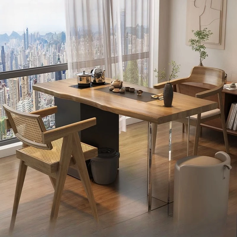 Balcony solid wood home living room tea table and chair combination small tea table kettle integrated embedded