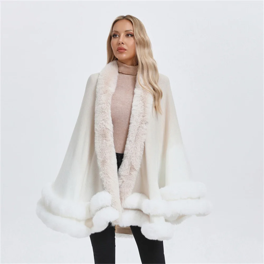 2024 Winter 2 Circle Faux Fur Collar Big Pendulum Shawl Overcoat Loose Cloak Women Warm Gradient Colors Cashmere Poncho Capes