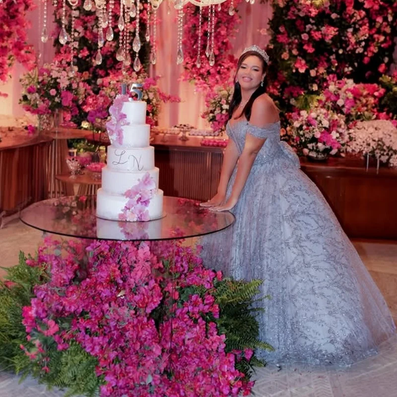 

Простые блестящие голубые платья Quinceanera с открытыми плечами и блестками, аппликациями и бантом, Vestido De 15, Quinceaneras