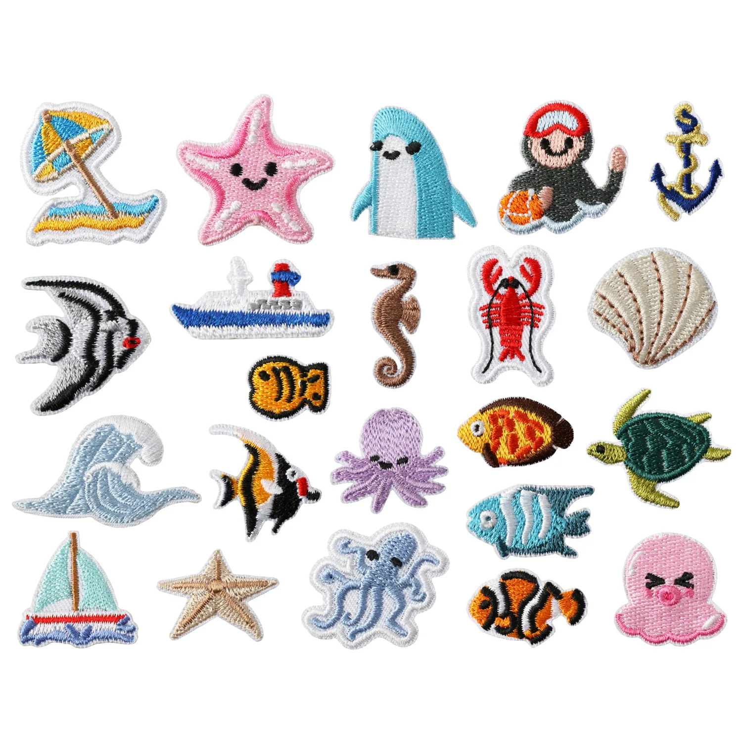 10Pcs Cartoon Sea Creature Embroidery Patches Set, Starfish Turtle Octopus Iron-on Patches Clothes Hole Repair Decor