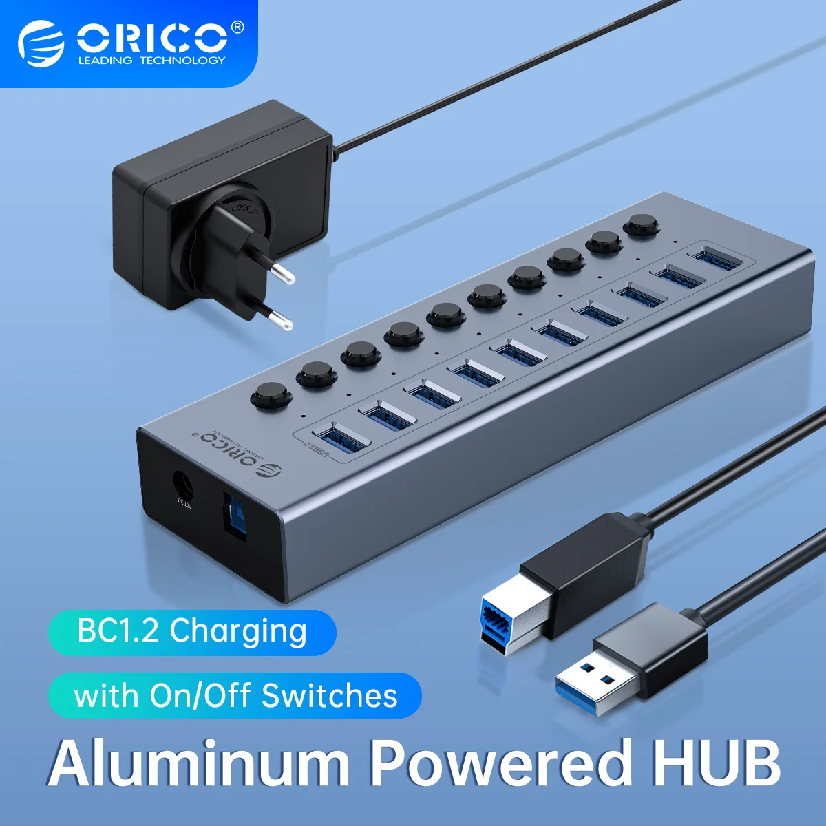 

ORICO Powered USB 3.0 HUB 10/13/16 Ports USB Extension with On/Off Switches 12V Power Adapter Support BC1.2 Charging Splitter