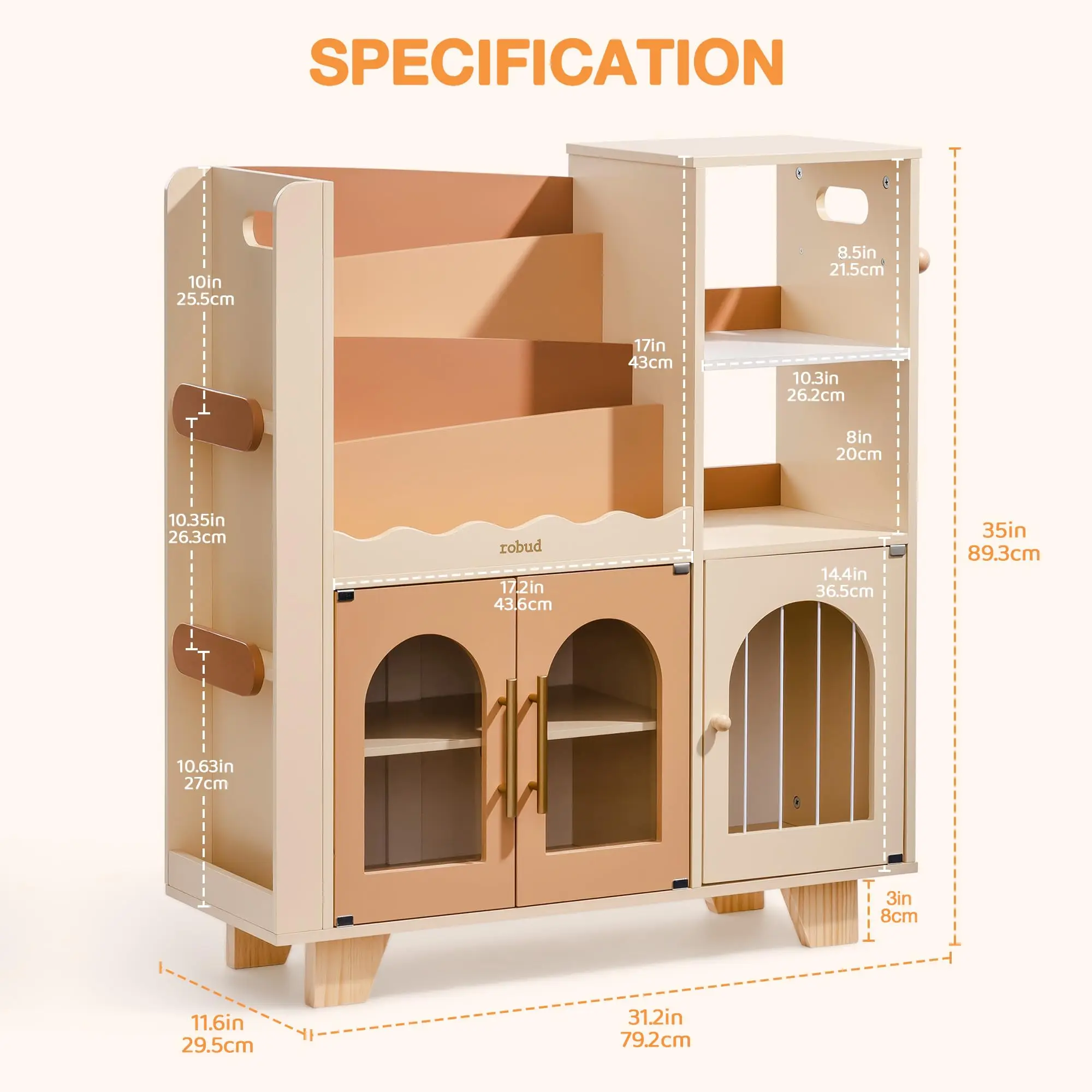 ROBOTIME ROBUD Houten boekenplank voor kinderen met opbergruimte Montessori-boekenplank Kinderboekenkast Speelgoedopslag Boekenplank voor peuters