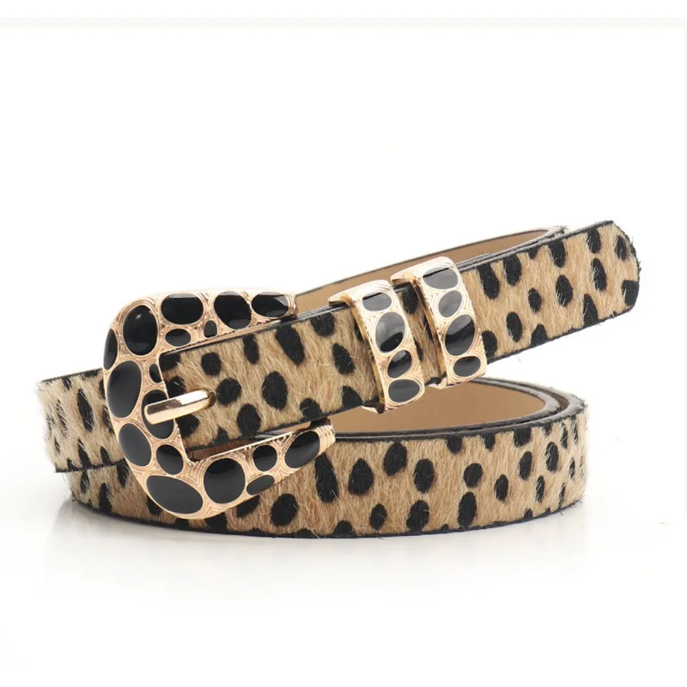Fashion Leopard Print Belt with Speckled Alloy Buckle for Women, Versatile Denim Strap