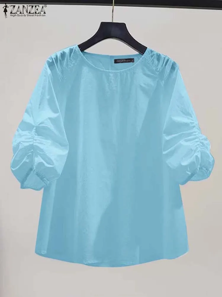 

ZANZEA Casual O Neck Tunic Women Tops Pleated 3/4 Sleeve Blouses 2025 FemaleElegant Office Work Blusas Solid Color Pullover