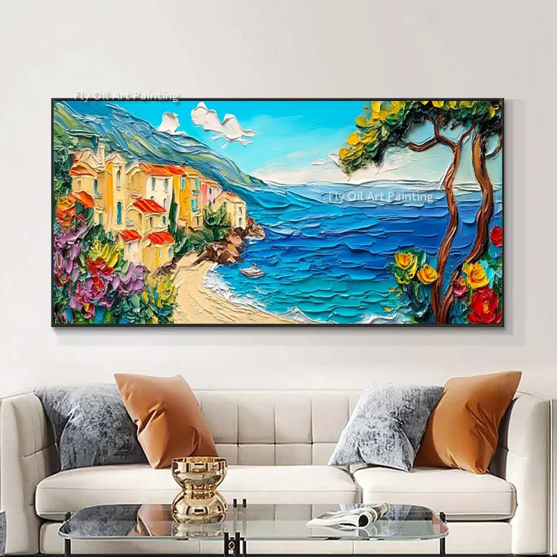 House By The Sea Canvas Wall Art Handmade Summer Blue Seascape Oil Painting Beautiful Landscape Artwork Morden Design For Decor