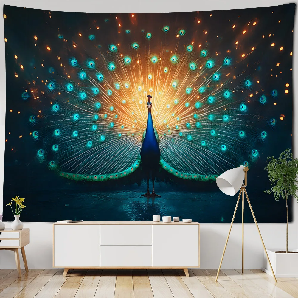 Peacock Motif Dreamy Hippie Retro Tapestry Wall Hanging Fabric Mural for Living Room Dormitory Home Decorative Background Poster