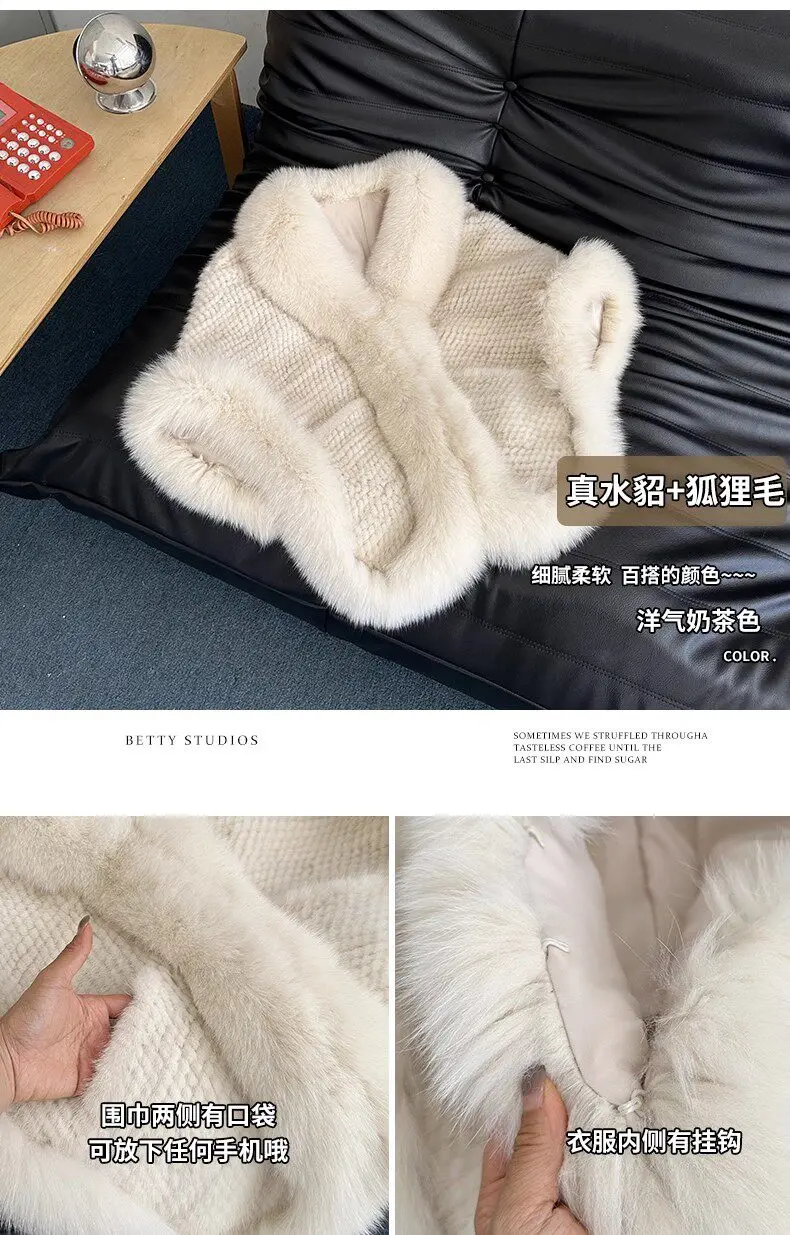 Cafébrauner Echter Nerzpelz-Schal für Damen Herbst Winter Luxuriöser Fuchspelz-Besetzter Umhang Elegante Damen-Oberbekleidung – Detail 3