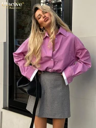 Clacive Vintage Loose Stripe Print Blouses For Women Fashion 2023 Casual Lapel Long Sleeve Shirts Elegant Classic Top Female
