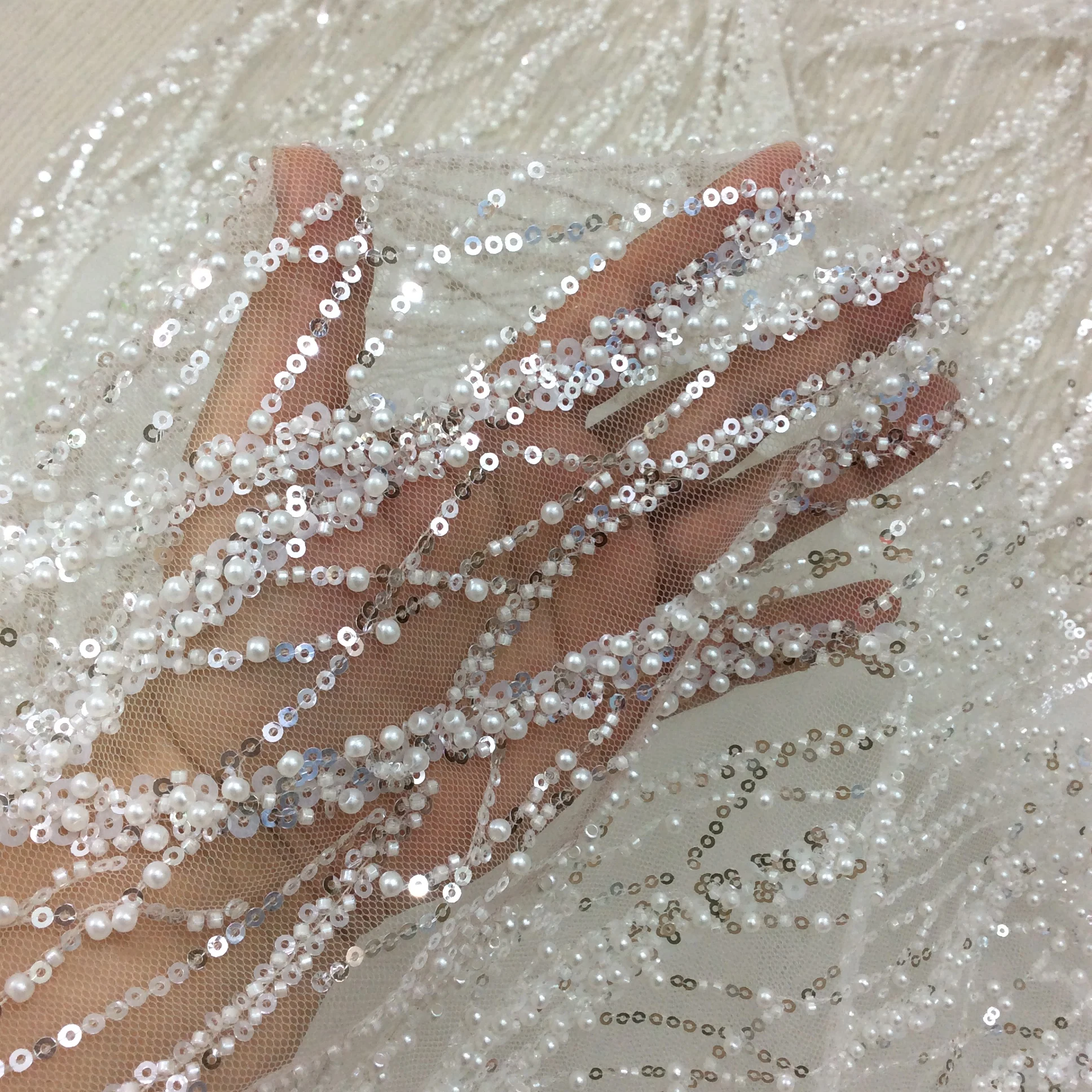 New Heavy Beadings Pearls Tulle Mesh Fabric Bridal Fabric lace fabric for wedding dresses Sell by Yard