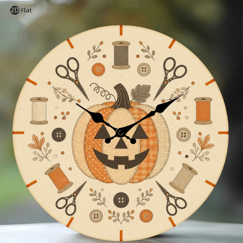 Halloween Pumpkin 2D Flat Wall Clock 10 Inch Silent Non-Ticking Vintage Sewing Scissors Thread Spools Room