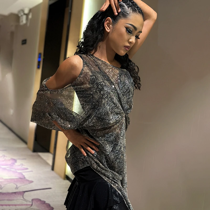 

Black Female Waltz Latin Dance Tops Women Diamond M esh Dress Samba Salsa Sleeveless Tops Dancing Training Shirt VBH1722
