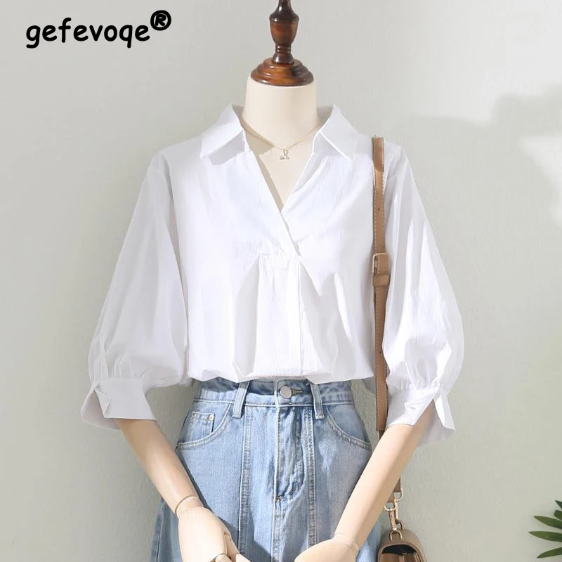 2024 Summer Women\'s Fashion White Simple Blouse Office Lady Business Casual Turn Down Collar Shirt Elegant 3/4 Sleeve Loose Tops