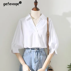 2024 Summer Women's Fashion White Simple Blouse Office Lady Business Casual Turn Down Collar Shirt Elegant 3/4 Sleeve Loose Tops